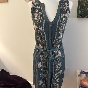 Anthropologie Teal Dress with Cream Floral Embroidery